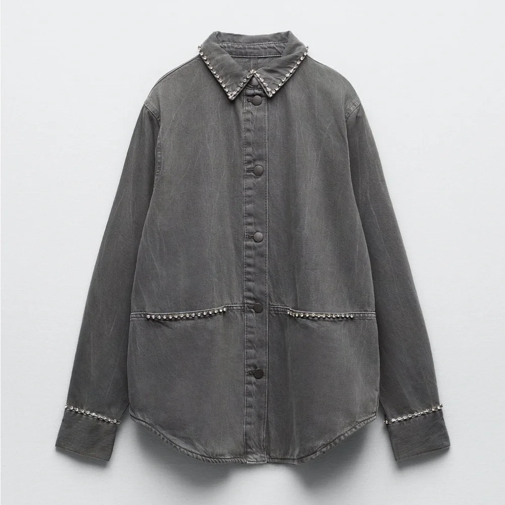 Women Zara Rhinestone Denim Overshirt Size XS - Picture 7 of 11